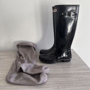 Hunter Original Tall Gloss Women's Rain Boots Black Womens Sz 7 W Socks/insoles